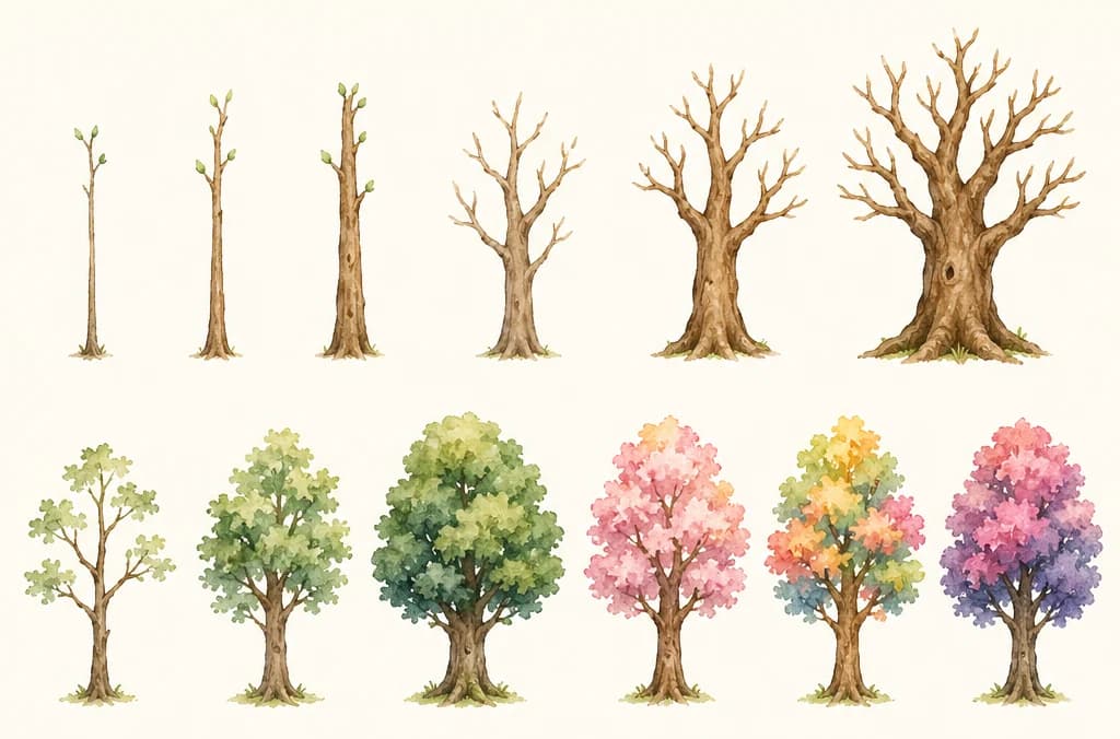 Two rows of watercolor-style trees on cream paper. The top row runs from a thin sapling to a broad bare trunk with spreading branches. The bottom row shows six trees in leaf: sparse green, fuller green, dense green, pink blossom, mixed autumn colors, and pink fading to purple.