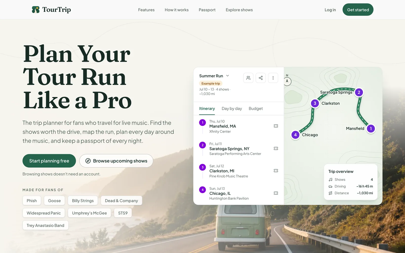 TourTrip’s homepage. The headline reads “Plan Your Tour Run Like a Pro”, over a photo of a camper van on a winding coastal road. Beside it, an example four-night summer run is shown as an itinerary next to a route map: Mansfield, Saratoga Springs, Clarkston and Chicago, about 1,030 miles and 16 hours 45 minutes of driving. Below the headline, buttons to start planning or browse upcoming shows, and a row of jam bands it’s made for.